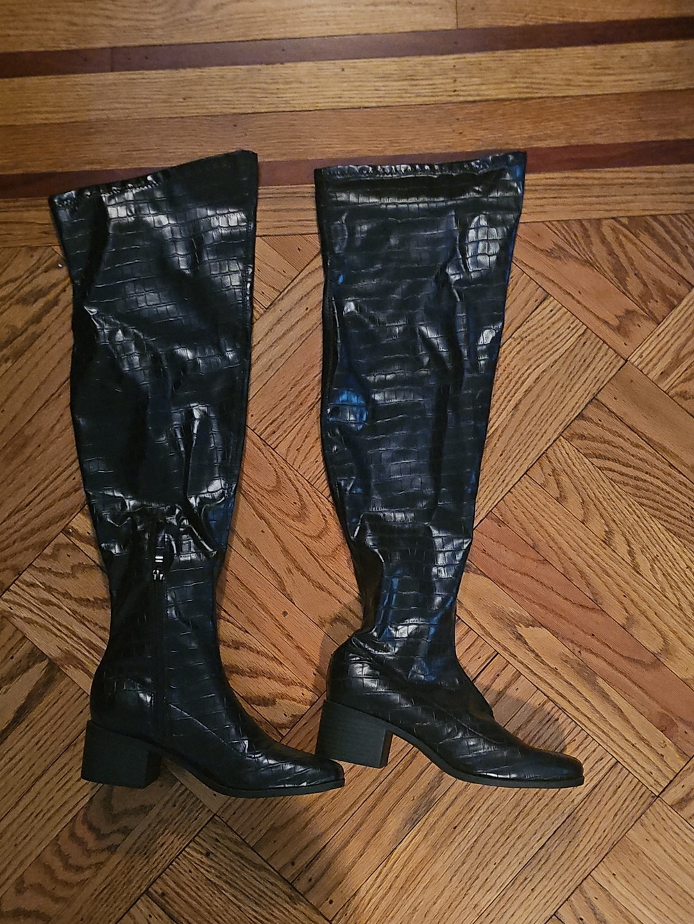 Black Croc-Embossed Over-the-Knee Boots